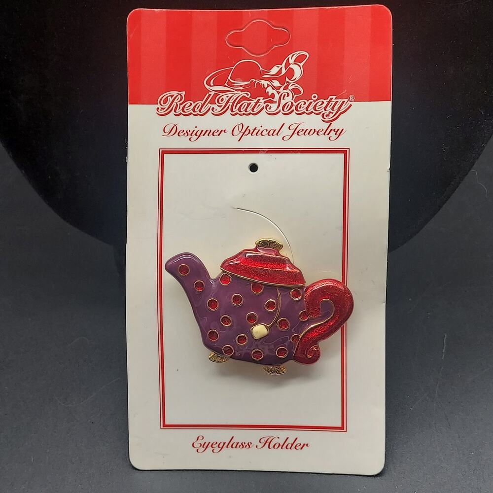 Red Purple Enamel Tea Pot Brooch Vintage 1990s Red Hat Society NOS